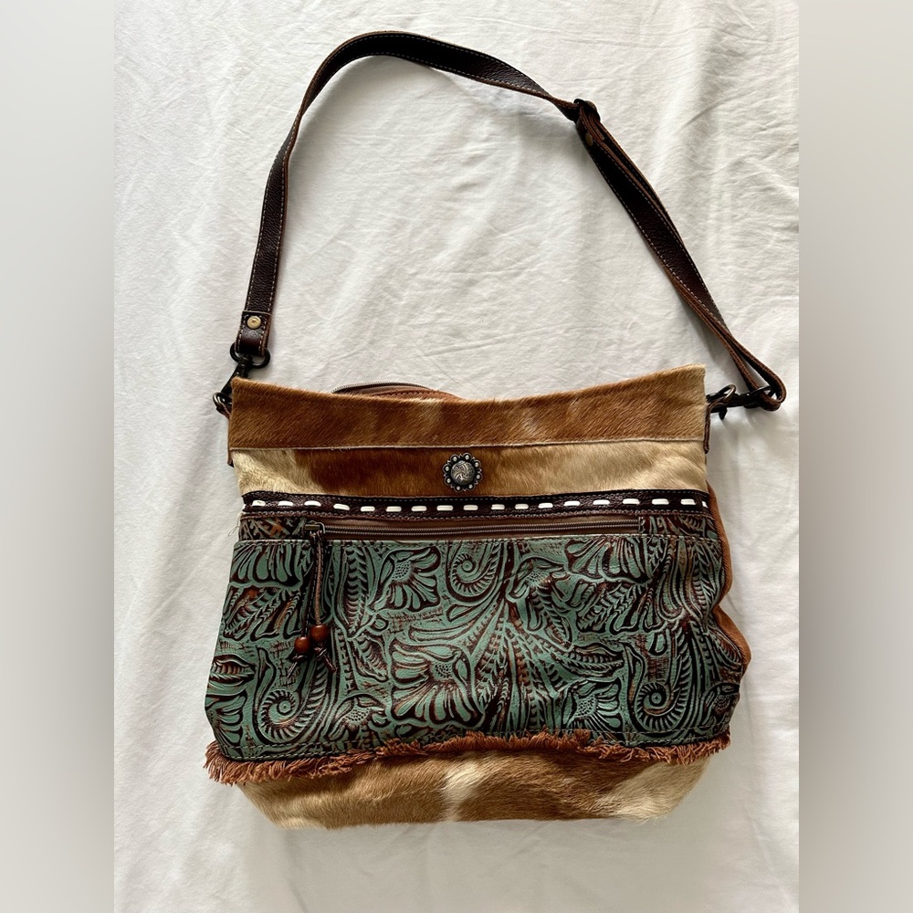 Myra off the shoulder cow hide Brown and blue Patterned Women's Bag